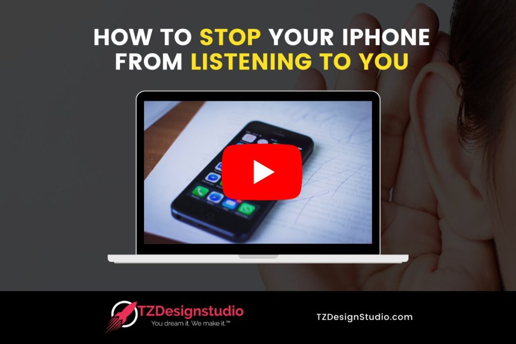 A laptop screen displaying a smartphone with app icons. There is a large red play button over the phone. Text above reads: "How to Stop Your iPhone from Listening to You.