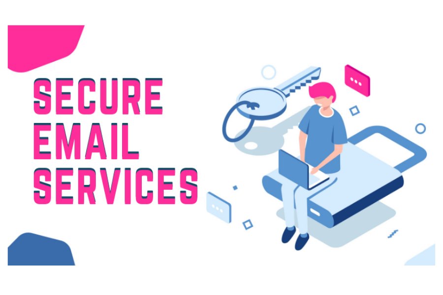 Illustration of a person sitting on a padlock with a laptop, next to the text "Secure Email Services" and a key icon.