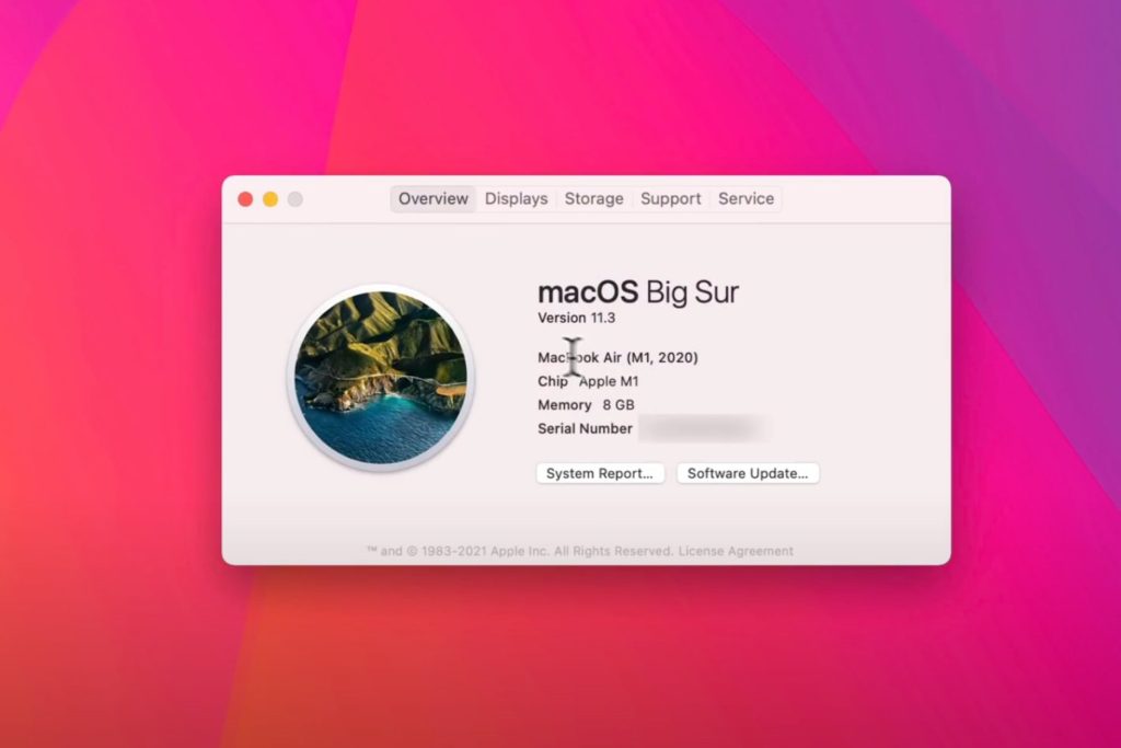 MacOS Big Sur system preferences window showing version 11.3 on a MacBook Air with an Apple M1 chip and 8GB memory.