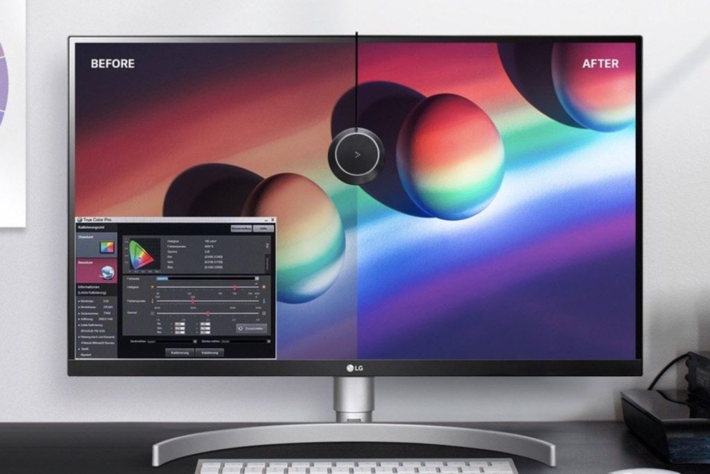 A computer monitor displays a before-and-after comparison of color calibration. The left side is dull, and the right side shows vibrant colors. A software interface is at the bottom left.