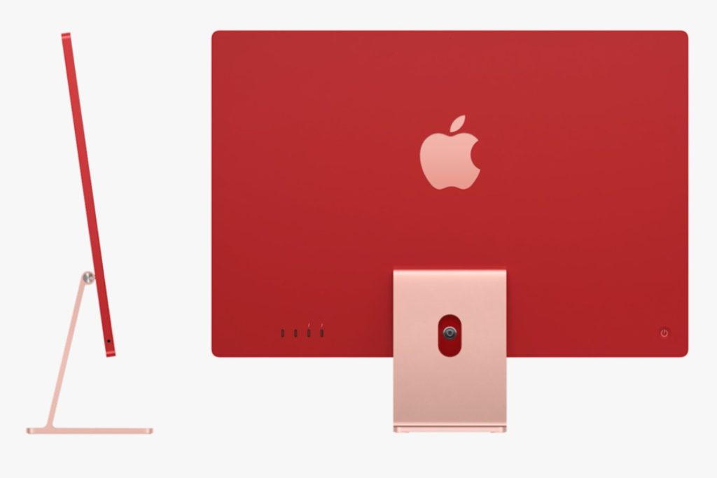 Side and rear view of a red desktop computer with an Apple logo on the back, featuring a sleek stand and ports on the bottom.