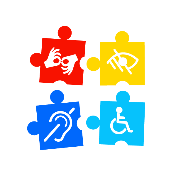 Four colorful puzzle pieces with icons: hands signing, eye with line, ear with sound waves, and person in wheelchair.