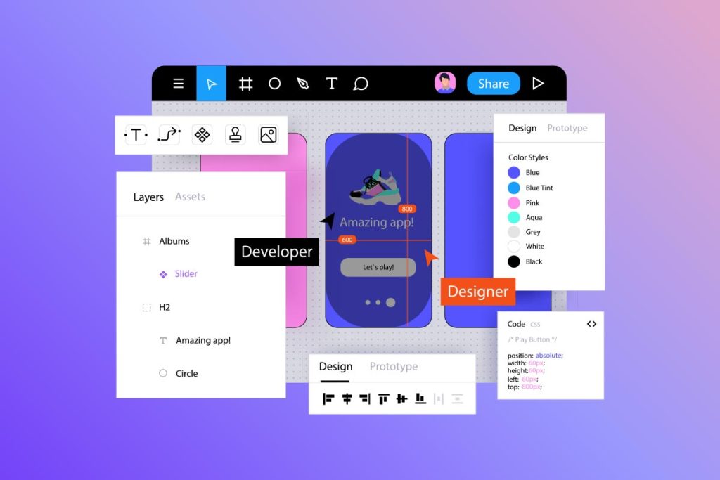 The UI design interface beautifully showcases the collaboration between developer and designer, featuring app design tools, color styles, and code snippets.