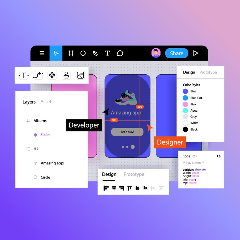 Design software interface showing a collaborative design project with color styles, code snippets, and layer adjustments labeled "Developer" and "Designer.