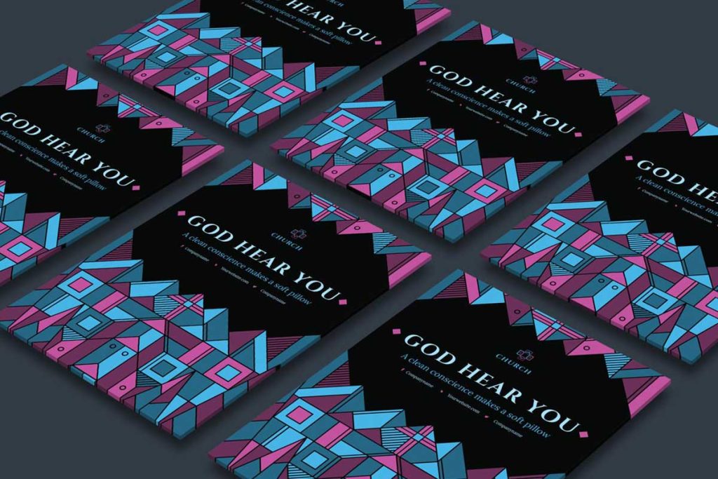 Geometric pattern book covers titled "God Hear You" are artfully arranged in a grid, showcasing a sleek blend of black, pink, and blue hues. The harmonious design reflects thoughtful branding that's as captivating as it is distinctive.