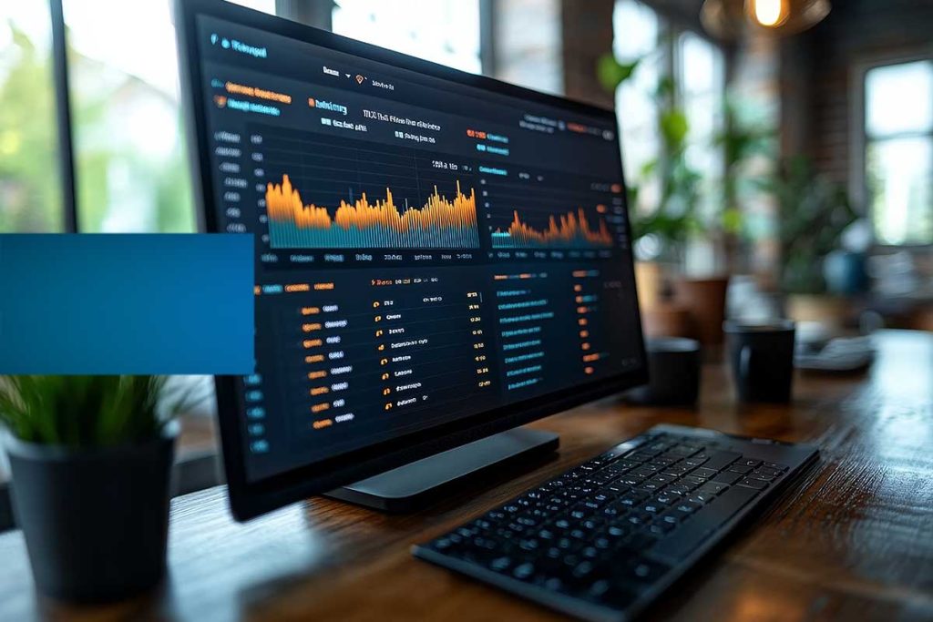 A computer monitor displays financial graphs and data, while email blasting strategies are planned with a keyboard and mouse on a wooden desk.
