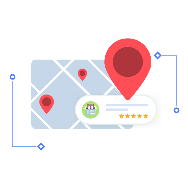Illustration of a digital map with location pins, including a highlighted pin featuring a store icon and a five-star rating.