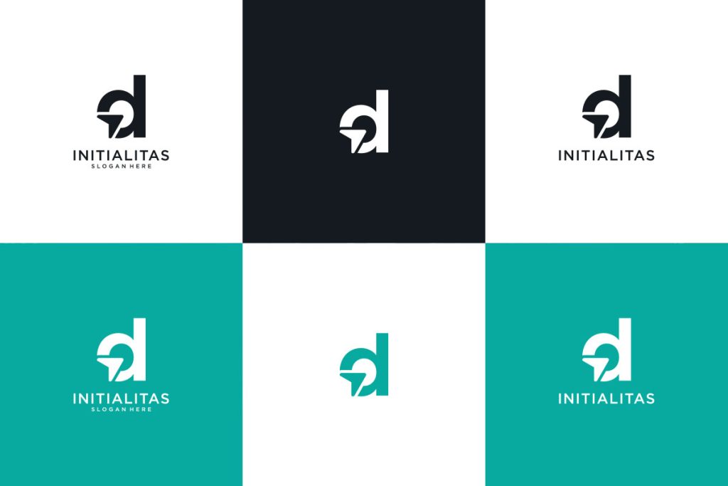 Nine quadrants showcasing the art of logo design, featuring variations of the "Initialitas" logo with a stylized "d" and an abstract helmet design set against black, white, and teal backgrounds.