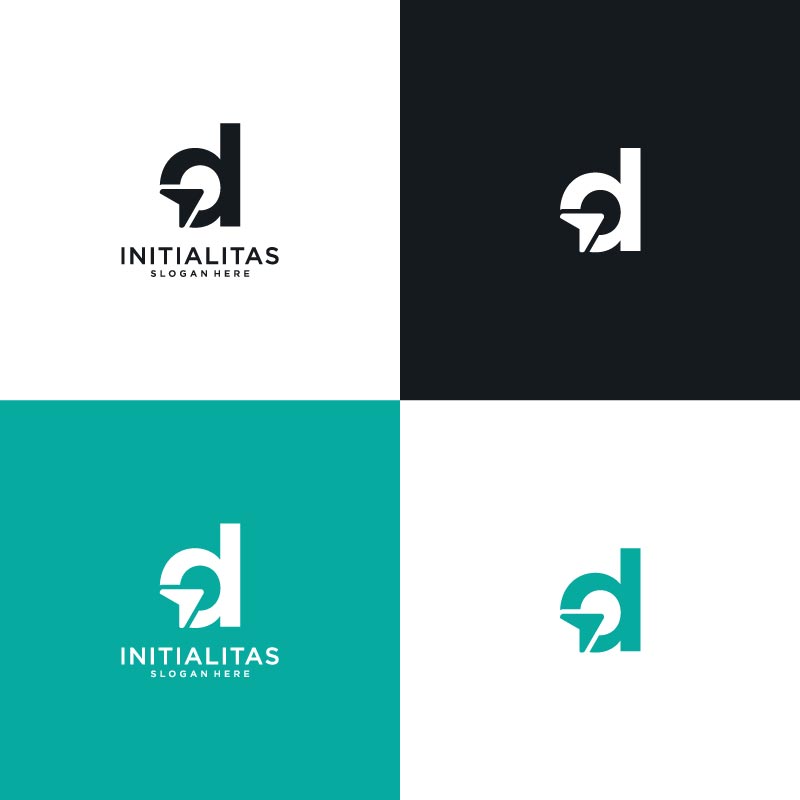 Logo design featuring the letter "D" in four variations: black on white, white on black, teal on white, and white on teal. Text reads "INITIALITAS SLOGAN HERE.
