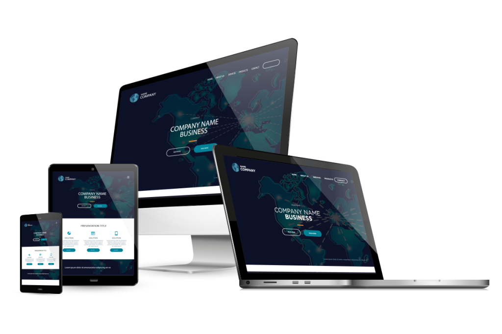Digital devices displaying a website on screens: a smartphone, tablet, desktop monitor, and laptop. The website features a dark theme with a map and the text "Company Name Business.