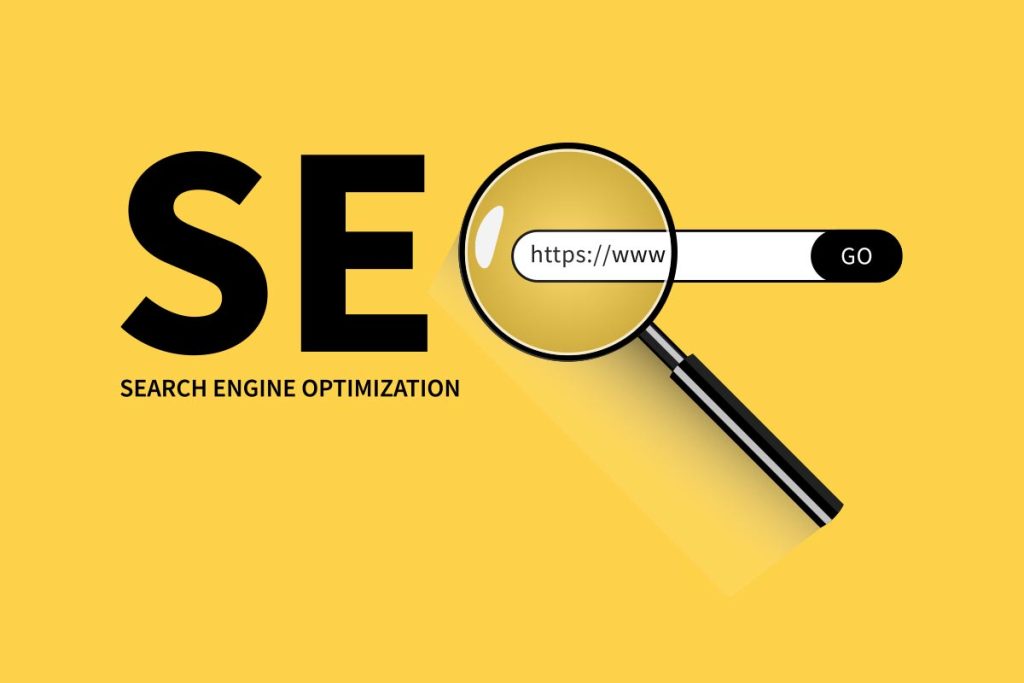 Illustration of the letters "SEO" with a magnifying glass over a search bar containing "https://www". The yellow background emphasizes the importance of Search Engine Optimization.