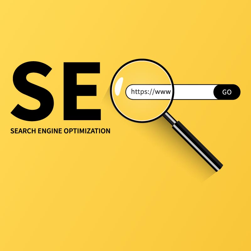 Yellow background with large text "SEO" and "Search Engine Optimization" underneath. A magnifying glass highlights a search bar containing "https://www..." with a "GO" button.