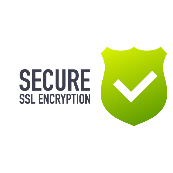 Green shield with a check mark next to the text "Secure SSL Encryption" on a white background.