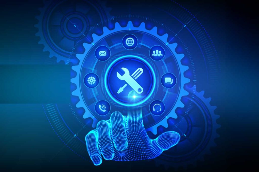 A digital hand reaches towards a glowing gear icon with a wrench and screwdriver, embodying tech support in action. Surrounding icons depict communication, networking, and technology themes, all set within a sleek blue digital interface.