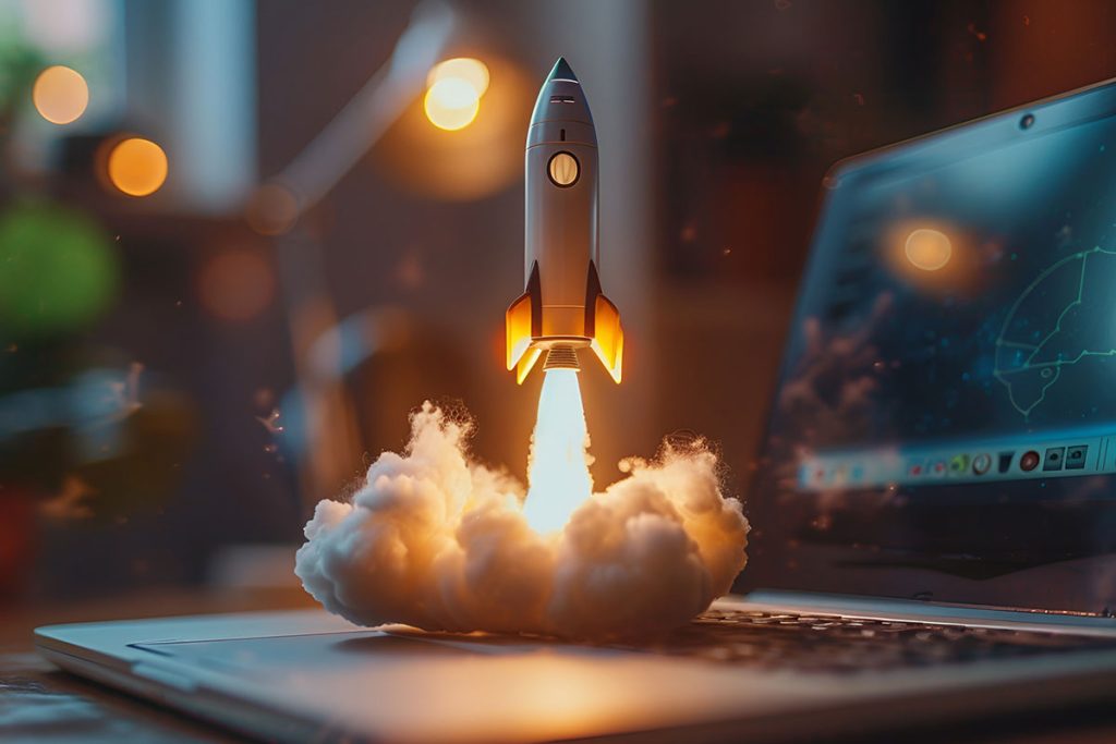 A small rocket, symbolizing a Website Audit, launches from a laptop keyboard, surrounded by clouds and glowing lights.