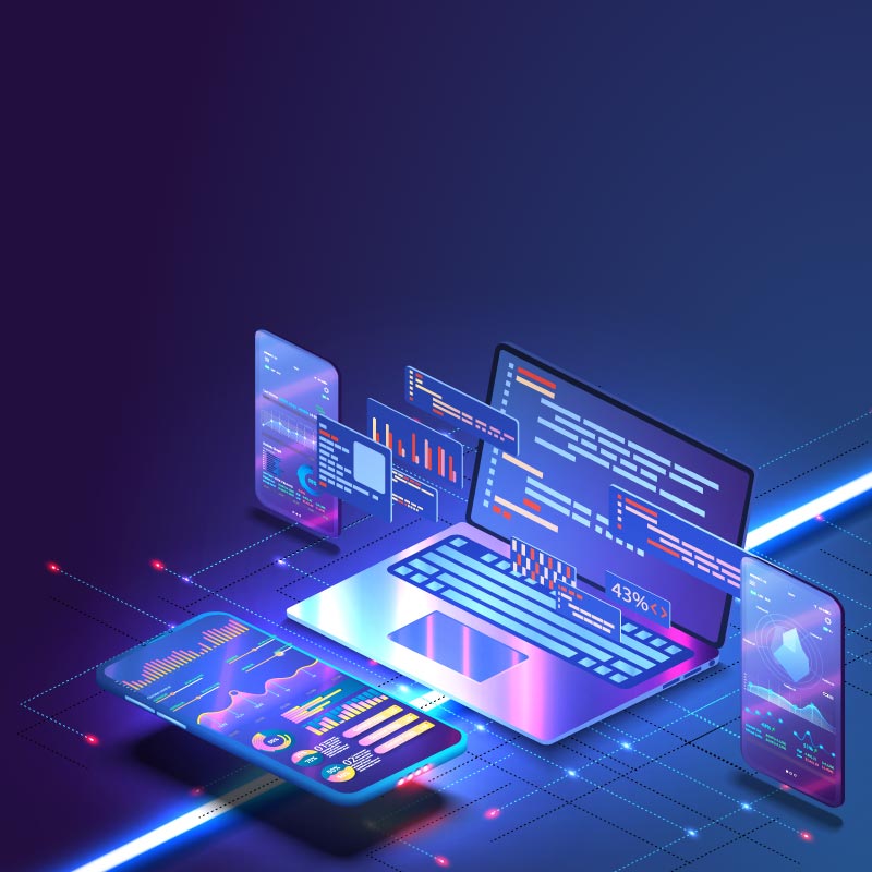 Graphic showing a futuristic workspace with a laptop, smartphone, and floating screens displaying data and code in a digital environment.